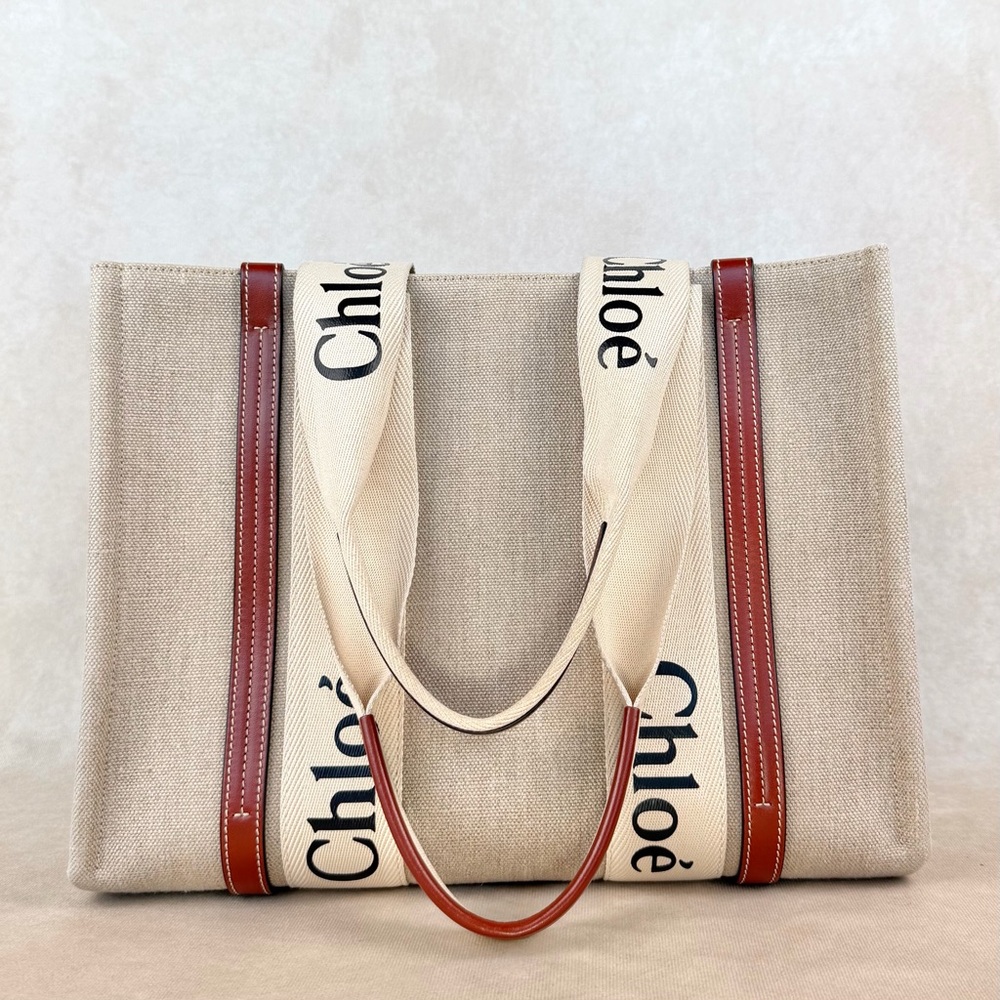 Chloé Woody Medium Tote Beige Linen Canvas Logo Strap Brown Leather Trim - Picture 4 of 17